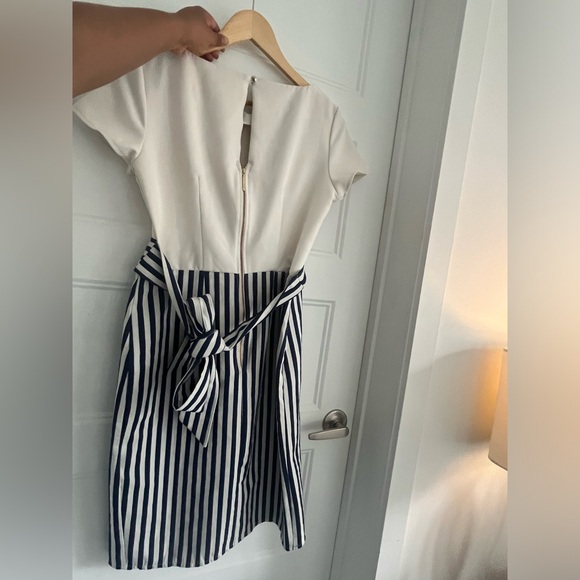 #32 Tie Back Stripe Button Dress nautical dress in cream and blue with bow - Picture 8 of 10